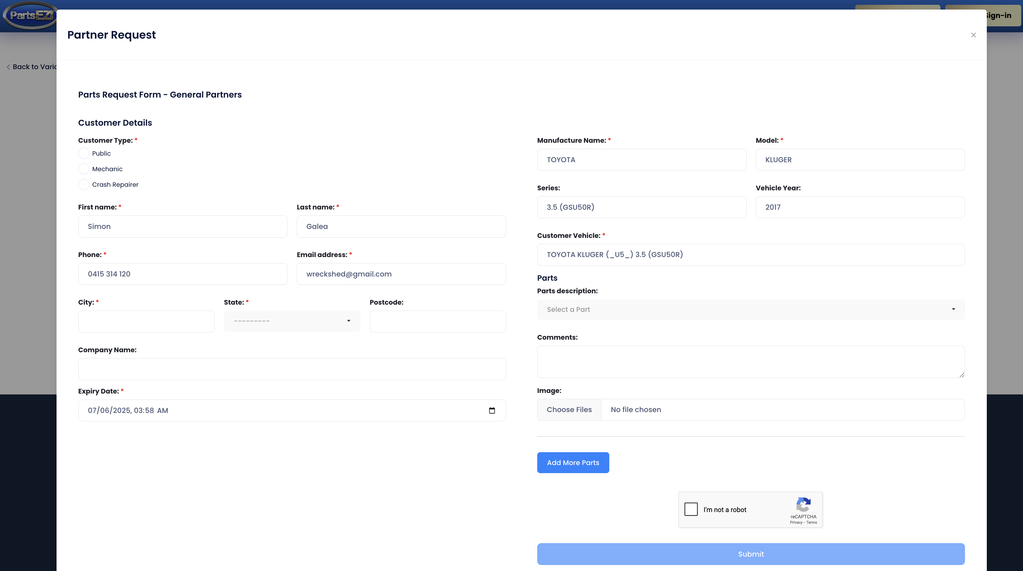 General Parts Request