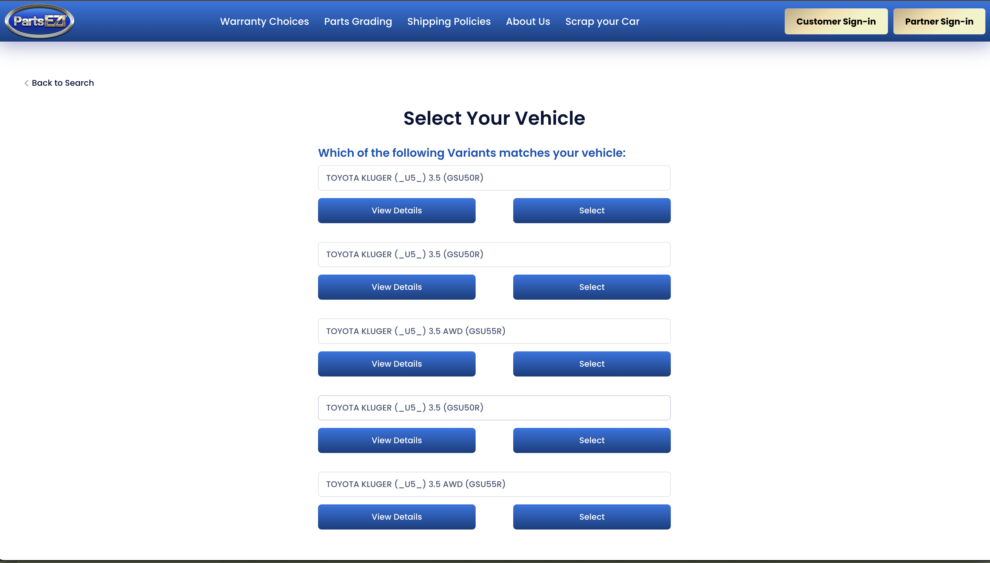 List of matching vehicles