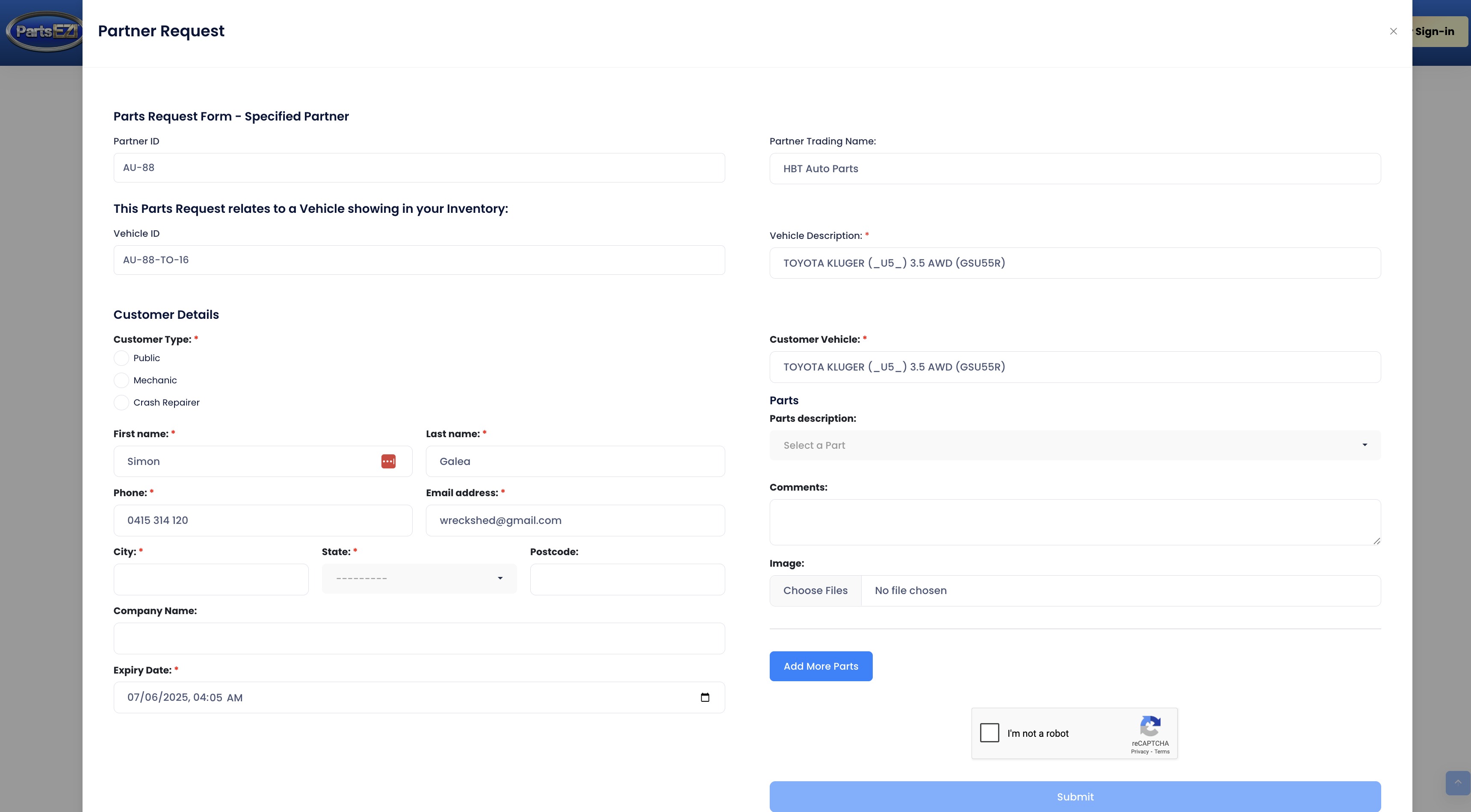 Specific Parts Request